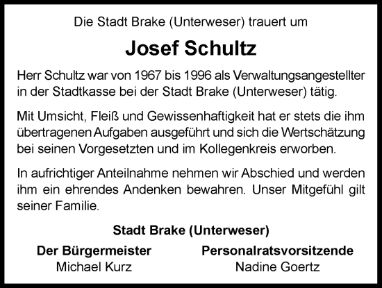 Traueranzeige von Josef Schultz von Nordwest-Zeitung