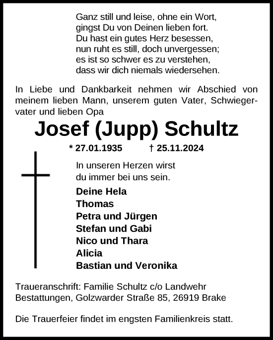 Traueranzeige von Josef Schultz von Nordwest-Zeitung