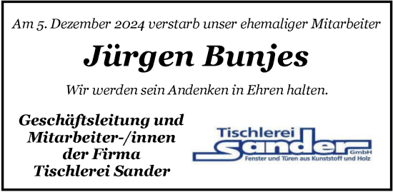 Traueranzeige von Jürgen Bunjes von Nordwest-Zeitung