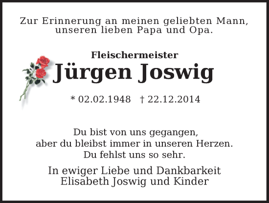 Traueranzeige von Jürgen Joswig von WZ/JW/AH