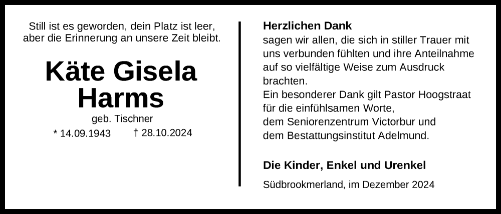  Traueranzeige für Käte Gisela Harms vom 28.12.2024 aus Emder Zeitung
