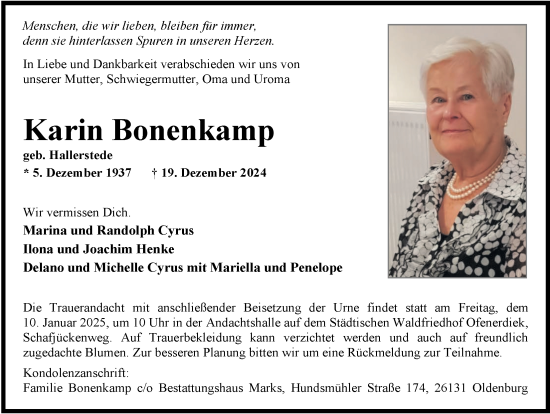 Traueranzeige von Karin Bonenkamp von Nordwest-Zeitung