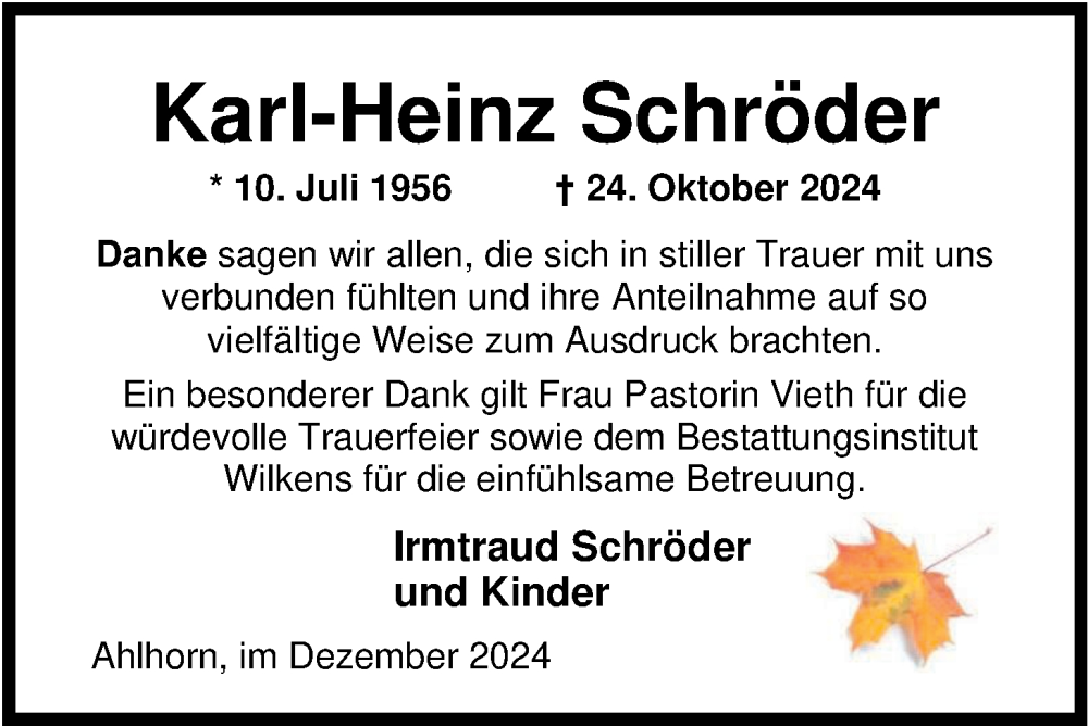  Traueranzeige für Karl-Heinz Schröder vom 14.12.2024 aus Nordwest-Zeitung