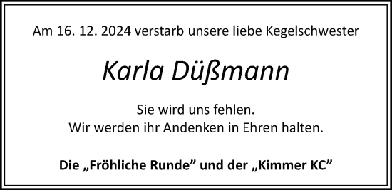 Traueranzeige von Karla Düßmann von Nordwest-Zeitung