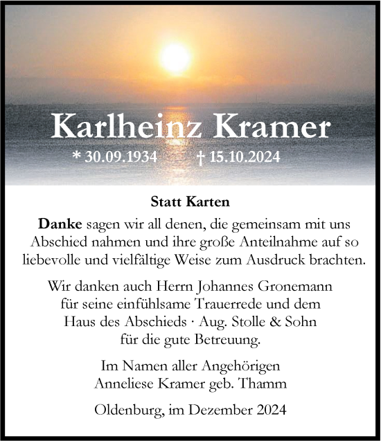 Traueranzeige von Karlheinz Kramer von Nordwest-Zeitung