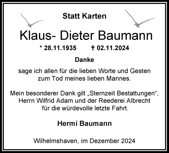 Traueranzeige von Klaus-Dieter Baumann von WZ/JW/AH