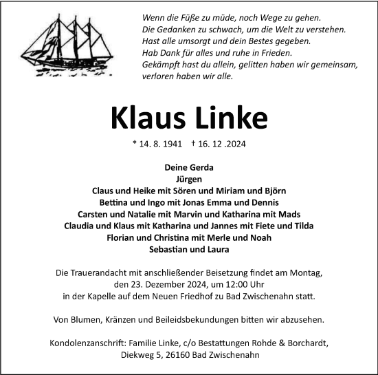 Traueranzeige von Klaus Linke von Nordwest-Zeitung