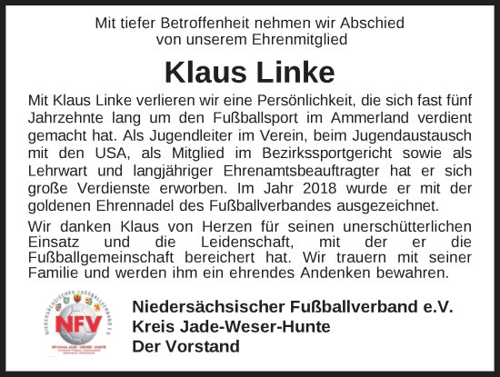 Traueranzeige von Klaus Linke von Nordwest-Zeitung