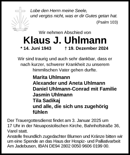 Traueranzeige von Klaus J. Uhlmann von Nordwest-Zeitung