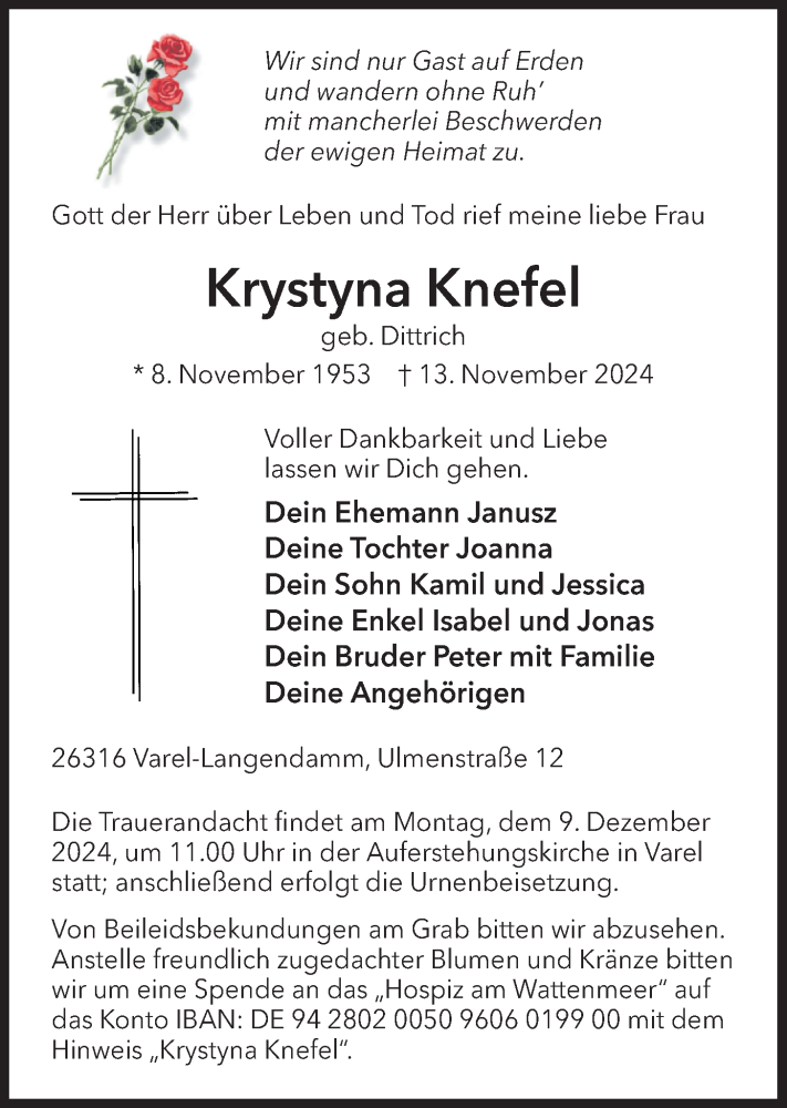  Traueranzeige für Krystyna Knefel vom 04.12.2024 aus Nordwest-Zeitung
