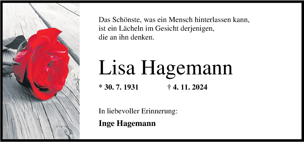  Traueranzeige für Lisa Hagemann vom 14.12.2024 aus WZ/JW/AH
