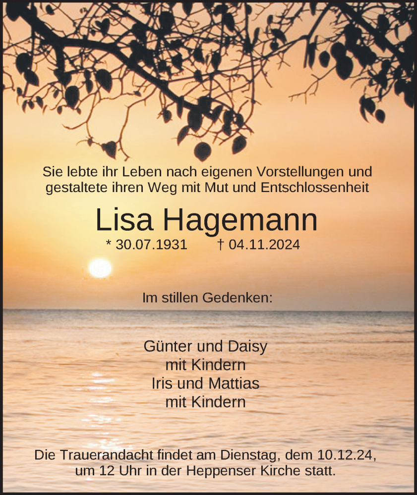  Traueranzeige für Lisa Hagemann vom 07.12.2024 aus WZ/JW/AH