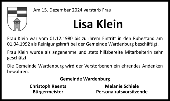 Traueranzeige von Lisa Klein von Nordwest-Zeitung