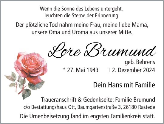 Traueranzeige von Lore Brumund von Nordwest-Zeitung