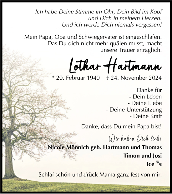 Traueranzeige von Lothar Hartmann von Nordwest-Zeitung