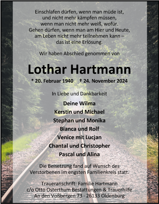 Traueranzeige von Lothar Hartmann von Nordwest-Zeitung