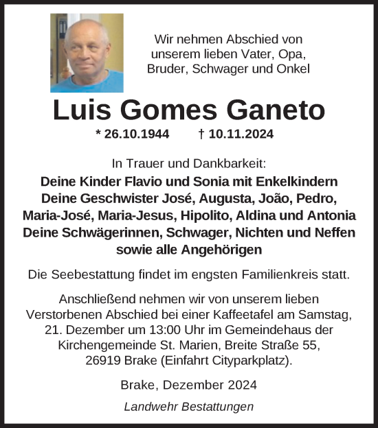 Traueranzeige von Luis Gomes Ganeto von Nordwest-Zeitung