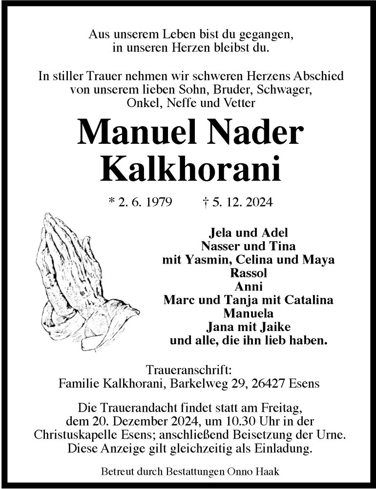  Traueranzeige für Manuel Nader Kalkhorani vom 14.12.2024 aus WZ/JW/AH