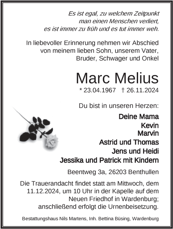 Traueranzeige von Marc Melius von Nordwest-Zeitung