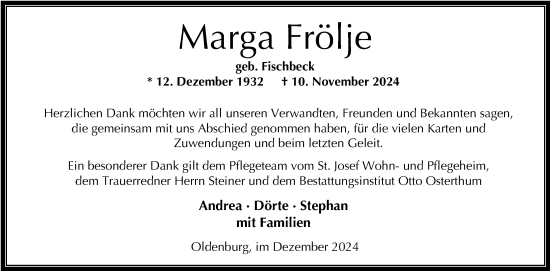 Traueranzeige von Marga Frölje von Nordwest-Zeitung