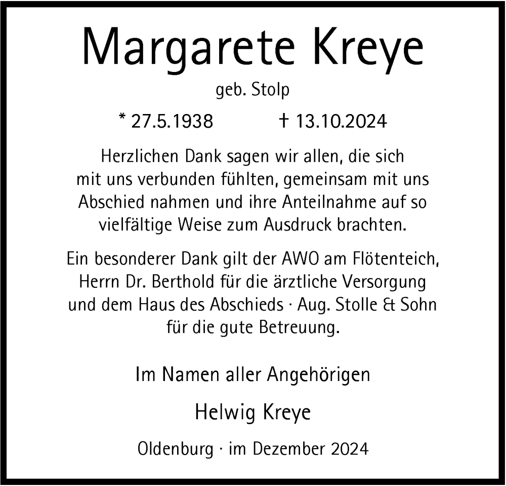  Traueranzeige für Margarete Kreye vom 14.12.2024 aus Nordwest-Zeitung
