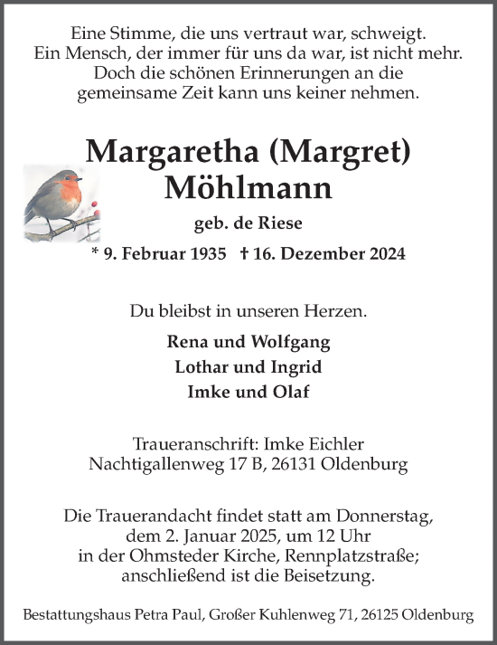 Traueranzeige von Margaretha Möhlmann von Nordwest-Zeitung