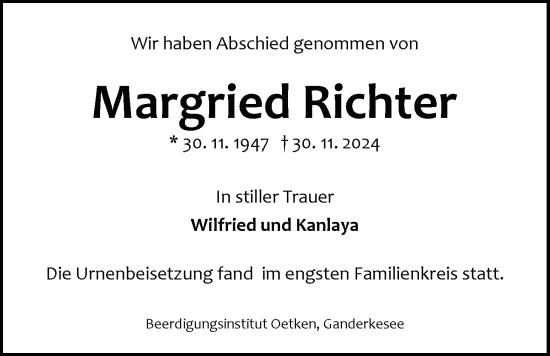 Traueranzeige von Margried Richter von Nordwest-Zeitung