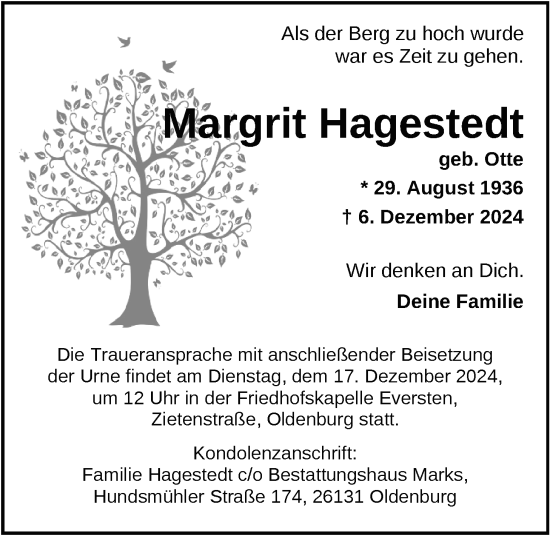 Traueranzeige von Margrit Hagestedt von Nordwest-Zeitung