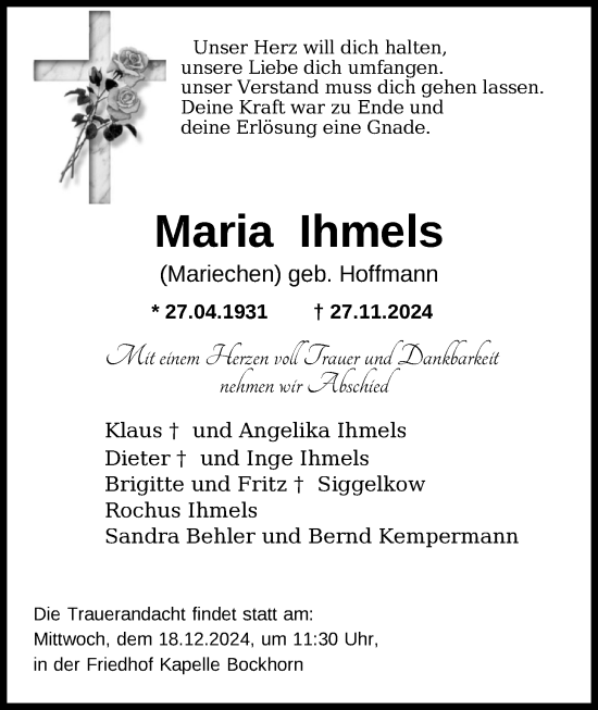 Traueranzeige von Maria Ihmels von Nordwest-Zeitung