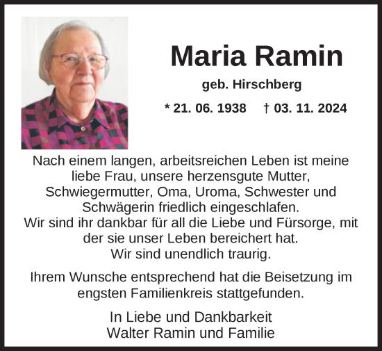 Traueranzeige von Maria Ramin von Nordwest-Zeitung