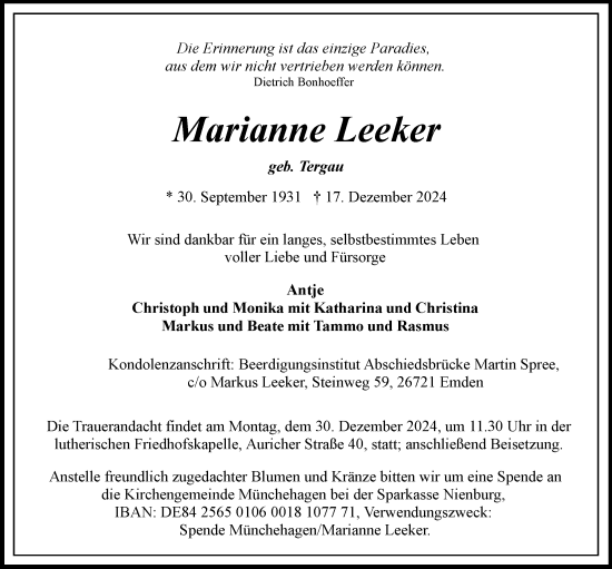 Traueranzeige von Marianne Leeker von Emder Zeitung