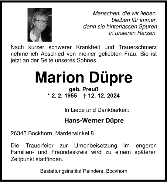 Traueranzeige von Marion Düpre von Nordwest-Zeitung