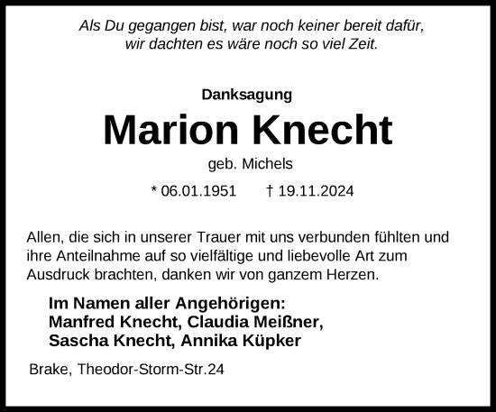 Traueranzeige von Marion Knecht von Nordwest-Zeitung