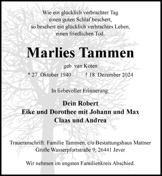 Traueranzeige von Marlies Tammen von WZ/JW/AH