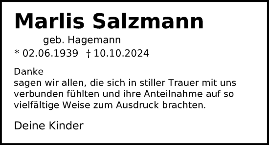 Traueranzeige von Marlis Salzmann von Nordwest-Zeitung