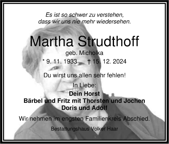 Traueranzeige von Martha Strudthoff von WZ/JW/AH