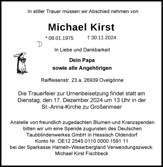 Traueranzeige von Michael Kirst von Nordwest-Zeitung