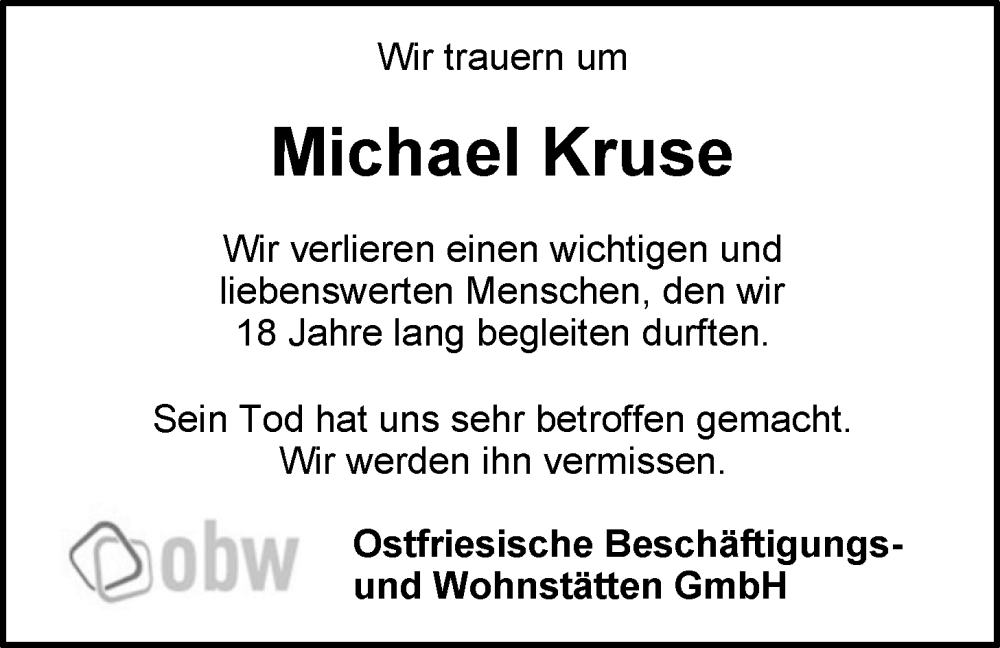  Traueranzeige für Michael Kruse vom 03.12.2024 aus Emder Zeitung