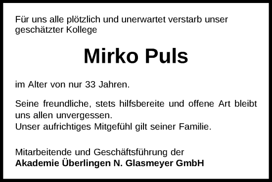Traueranzeige von Mirko Puls von WZ/JW/AH