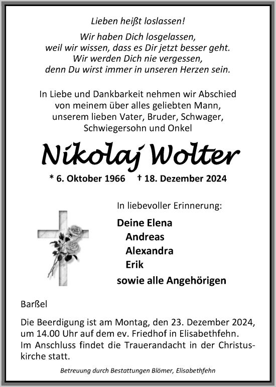 Traueranzeige von Nikolaj Wolter von Nordwest-Zeitung