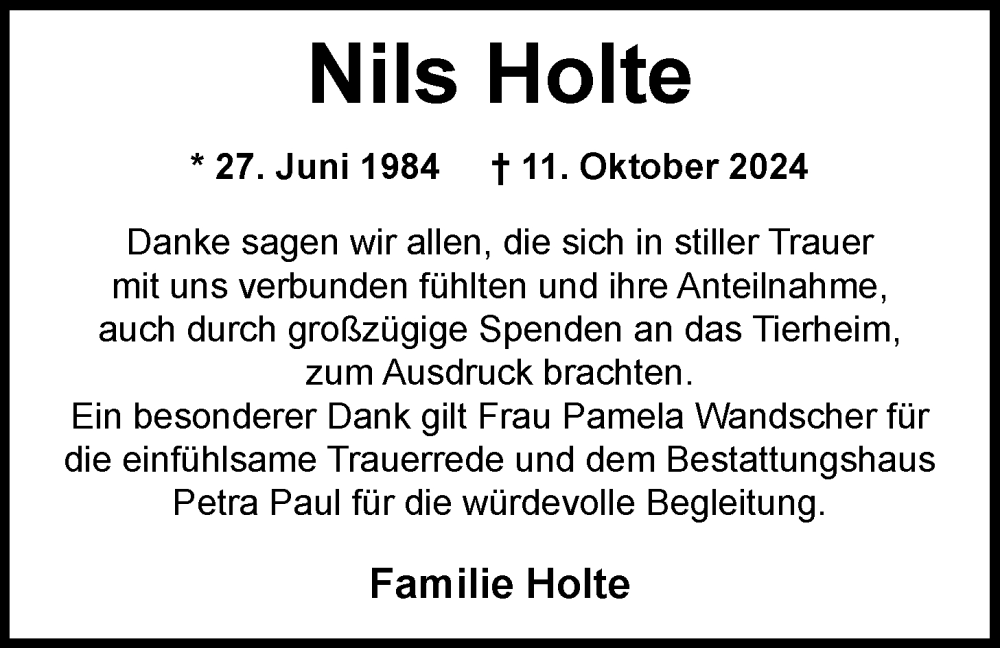  Traueranzeige für Nils Holte vom 07.12.2024 aus Nordwest-Zeitung