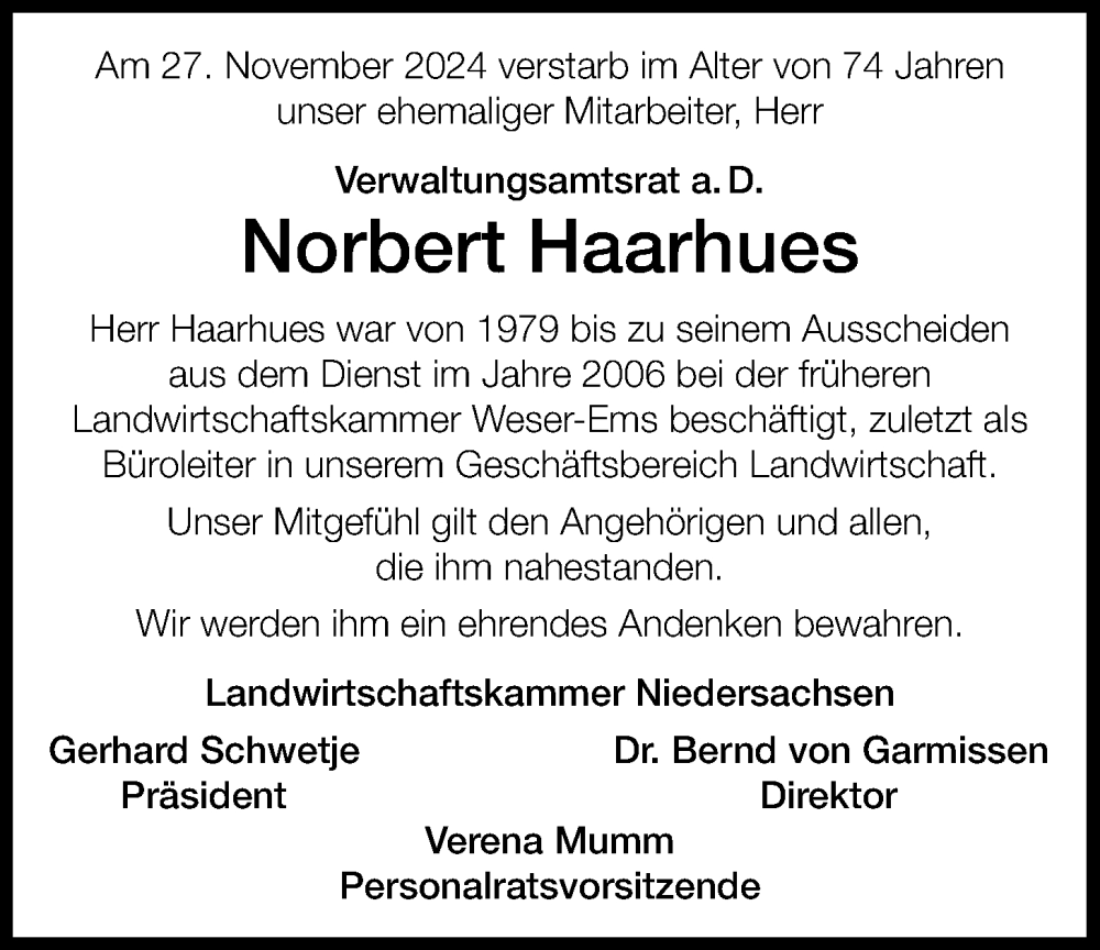  Traueranzeige für Norbert Haarhues vom 07.12.2024 aus Nordwest-Zeitung