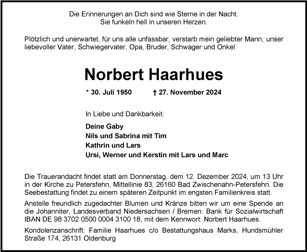  Traueranzeige für Norbert Haarhues vom 07.12.2024 aus Nordwest-Zeitung