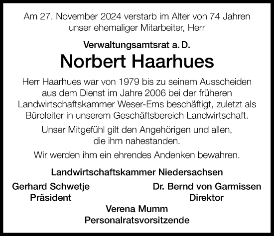 Traueranzeige von Norbert Haarhues von Nordwest-Zeitung
