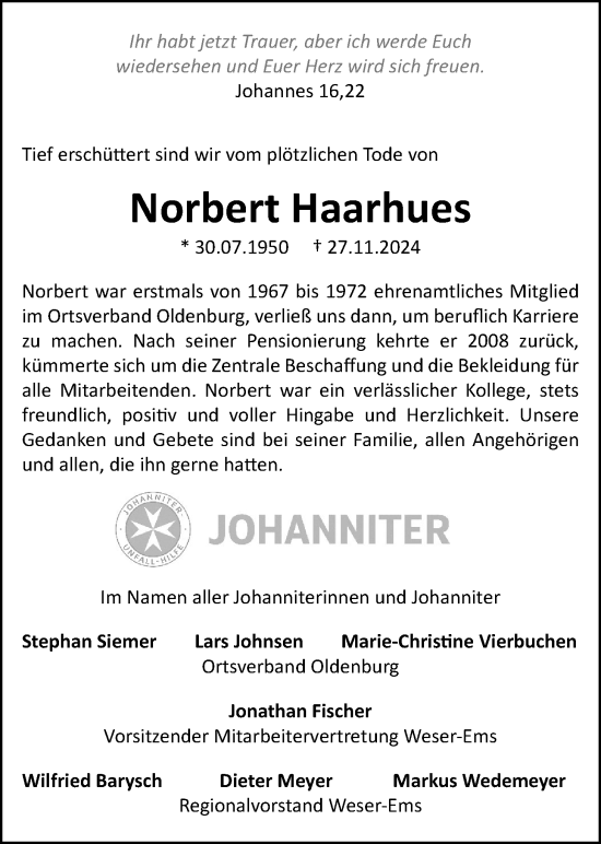 Traueranzeige von Norbert Haarhues von Nordwest-Zeitung