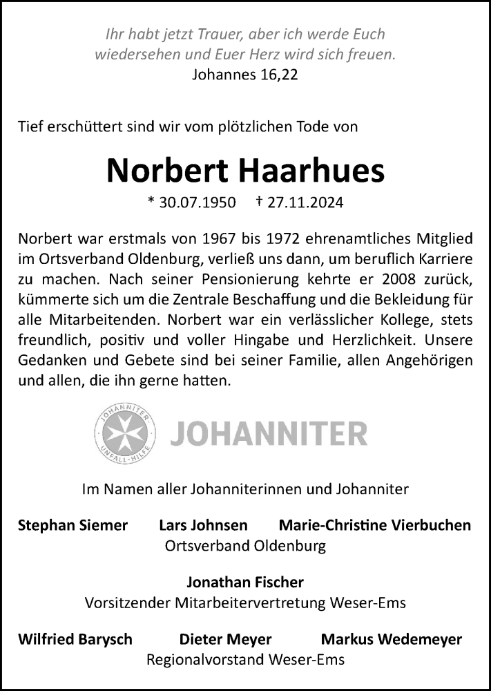  Traueranzeige für Norbert Haarhues vom 07.12.2024 aus Nordwest-Zeitung