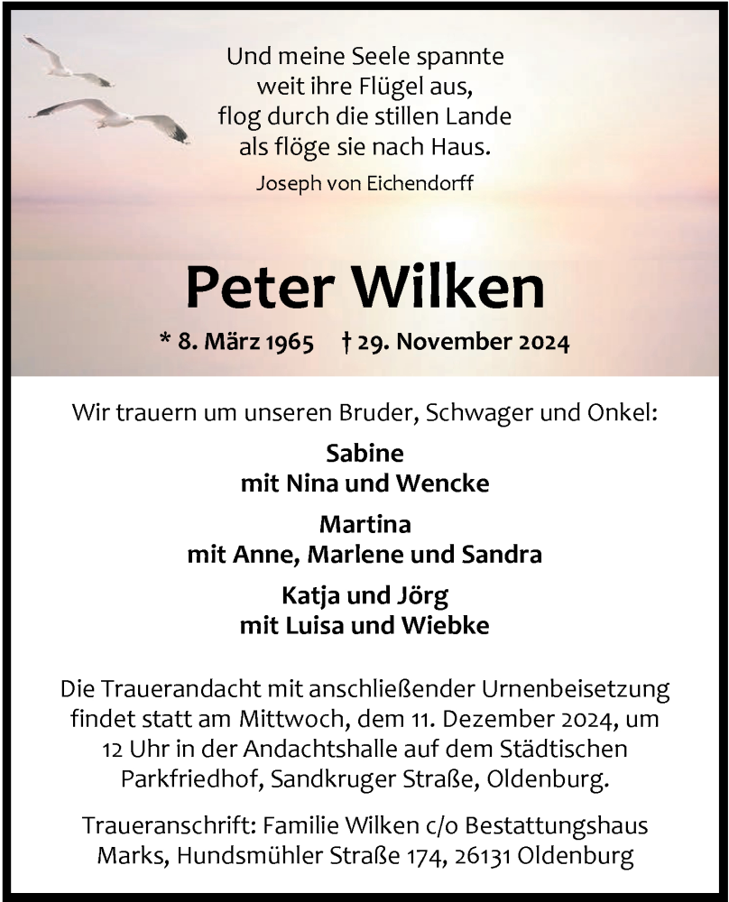  Traueranzeige für Peter Wilken vom 07.12.2024 aus Nordwest-Zeitung