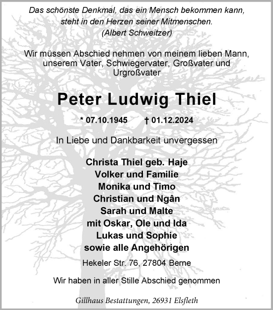 Traueranzeige von Peter Ludwig Thiel von Nordwest-Zeitung