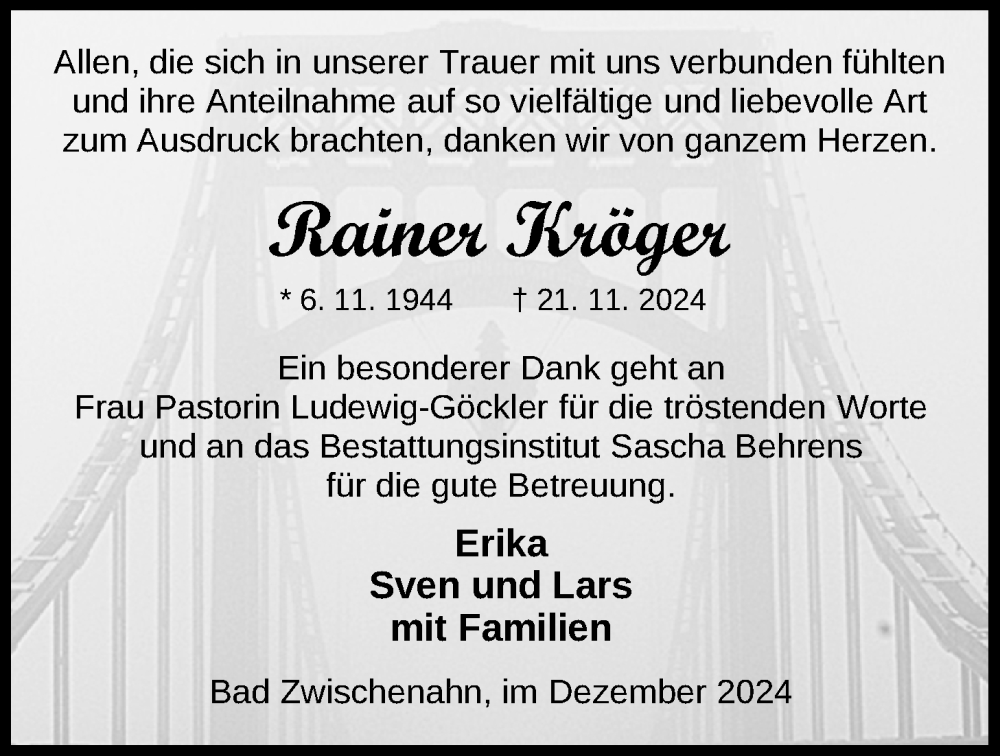  Traueranzeige für Rainer Kröger vom 28.12.2024 aus Nordwest-Zeitung