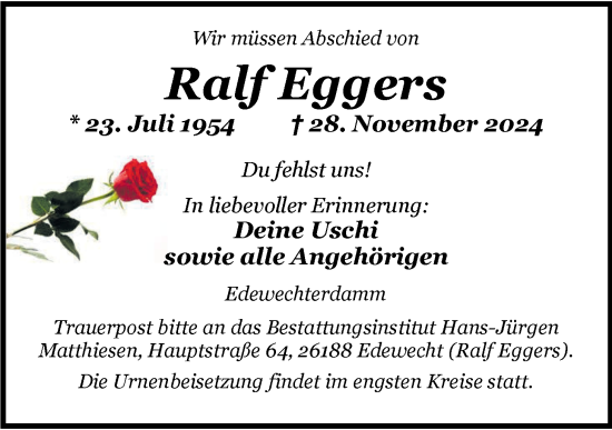 Traueranzeige von Ralf Eggers von Nordwest-Zeitung